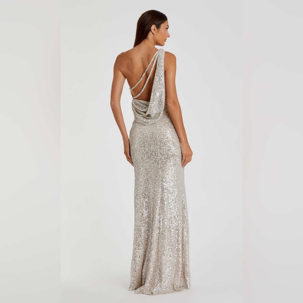 ieena for Mac duggal Sequined One Shoulder Draped Back Gown